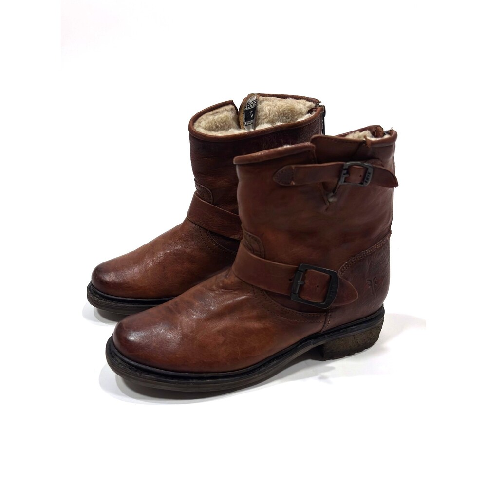 Frye Leather Brown Ankle Boots Shearling Lined Double Strap Zipper Moto - Size 7 - Picture 2 of 8